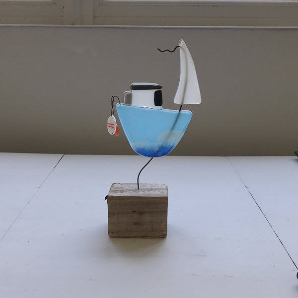 Glass Fishing Boat on Driftwood Block - Homeware - Studio Shards
