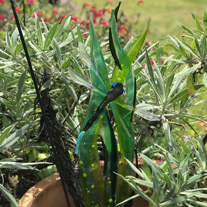 Glass Garden Art - Dragonfly and Reeds - Garden Art - Studio Shards
