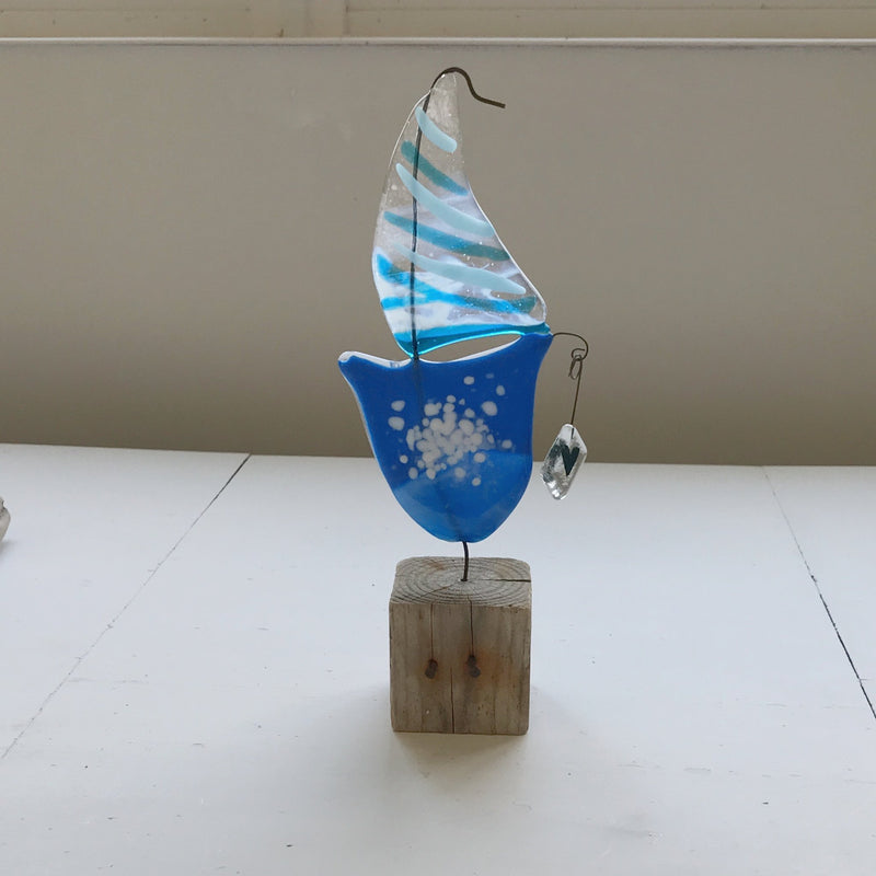 Glass Sailboat on Driftwood Block - Homeware - Studio Shards